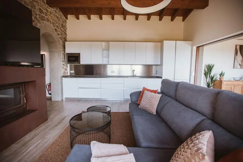 Living room and white kitchen of the Deluxe apartment, with a fireplace