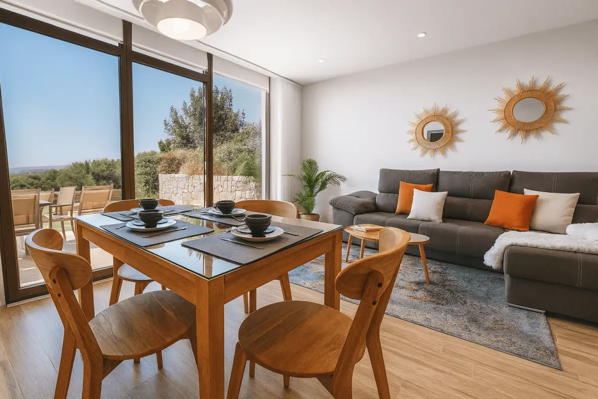 Salón comedor de un apartamento estándar con salida al jardín y vistas al mar