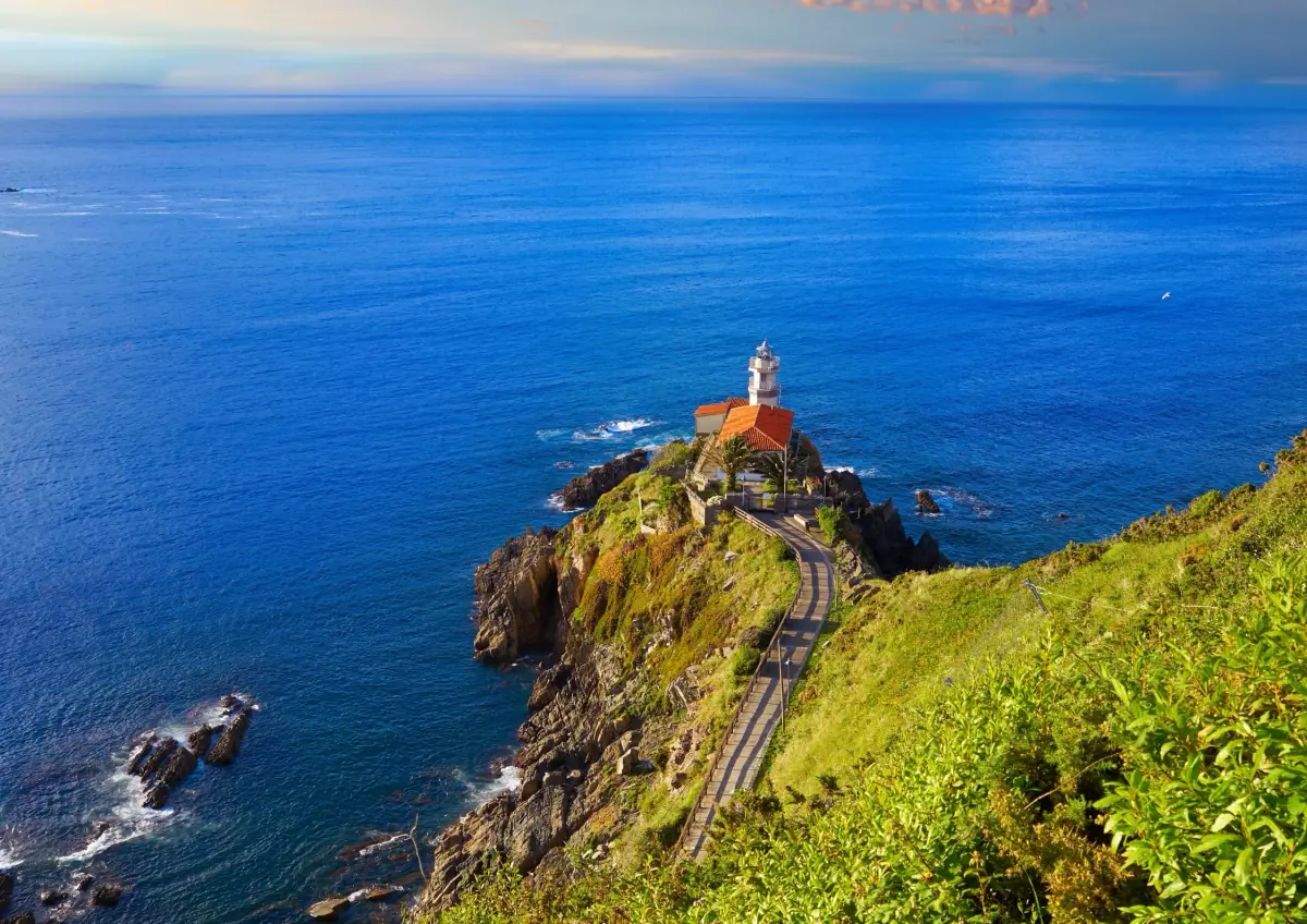 A lighthouse on a cliff above the sea