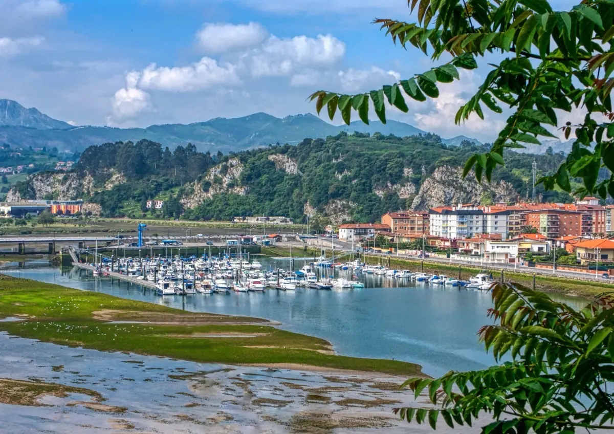 A marina and coastal town with mountains behind