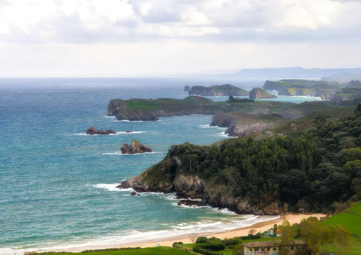 A bay with a beach and green meadows by the sea