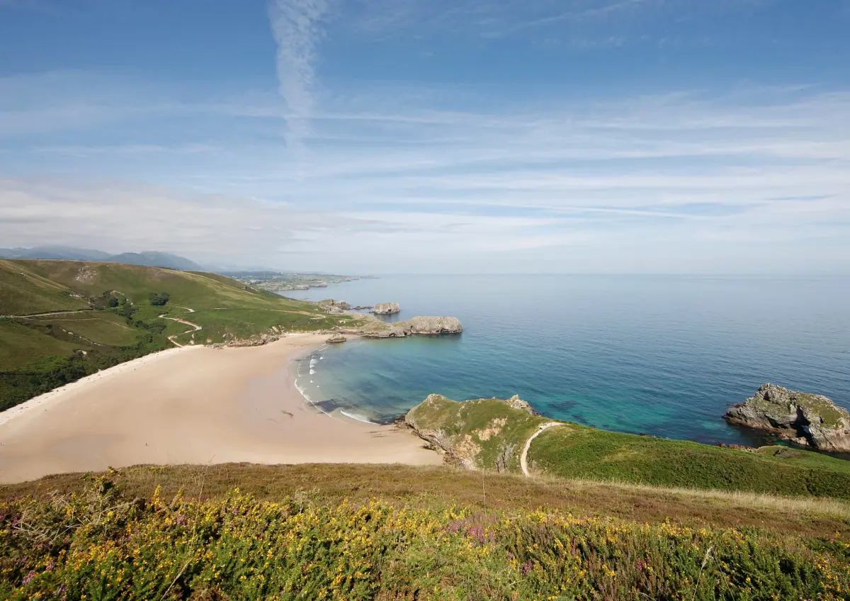 A sandy beach between green cliffs