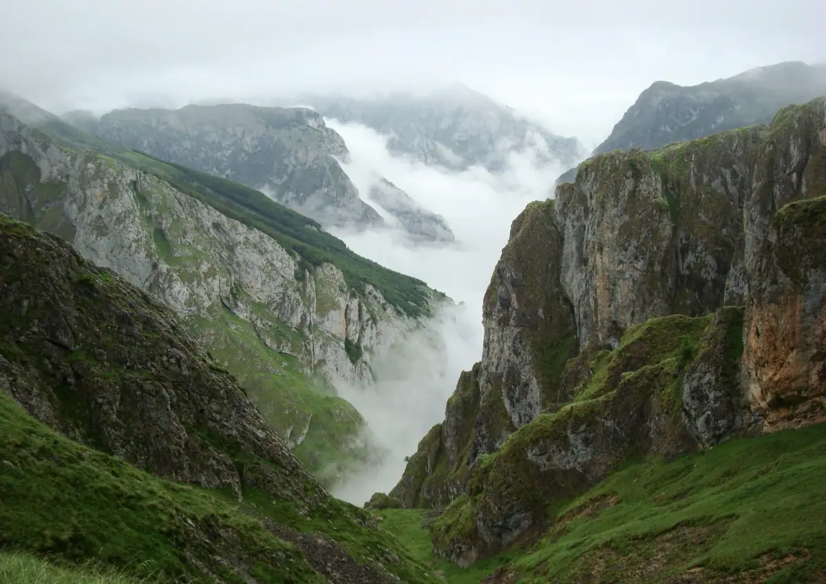 A gorge between mountains in the mist