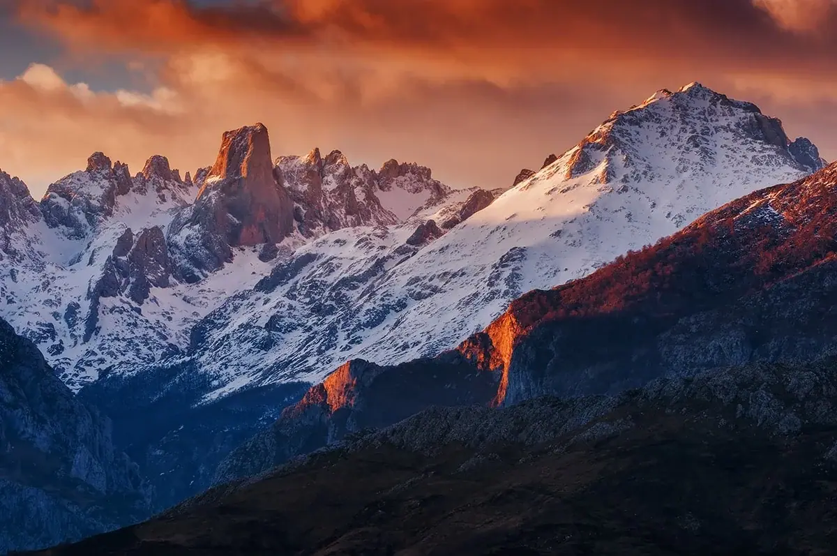 The snow-capped Picos de Europa at sunset