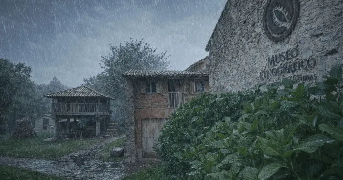 The Ethnographic Museum of Eastern Asturias, with its hórreo, on a rainy day